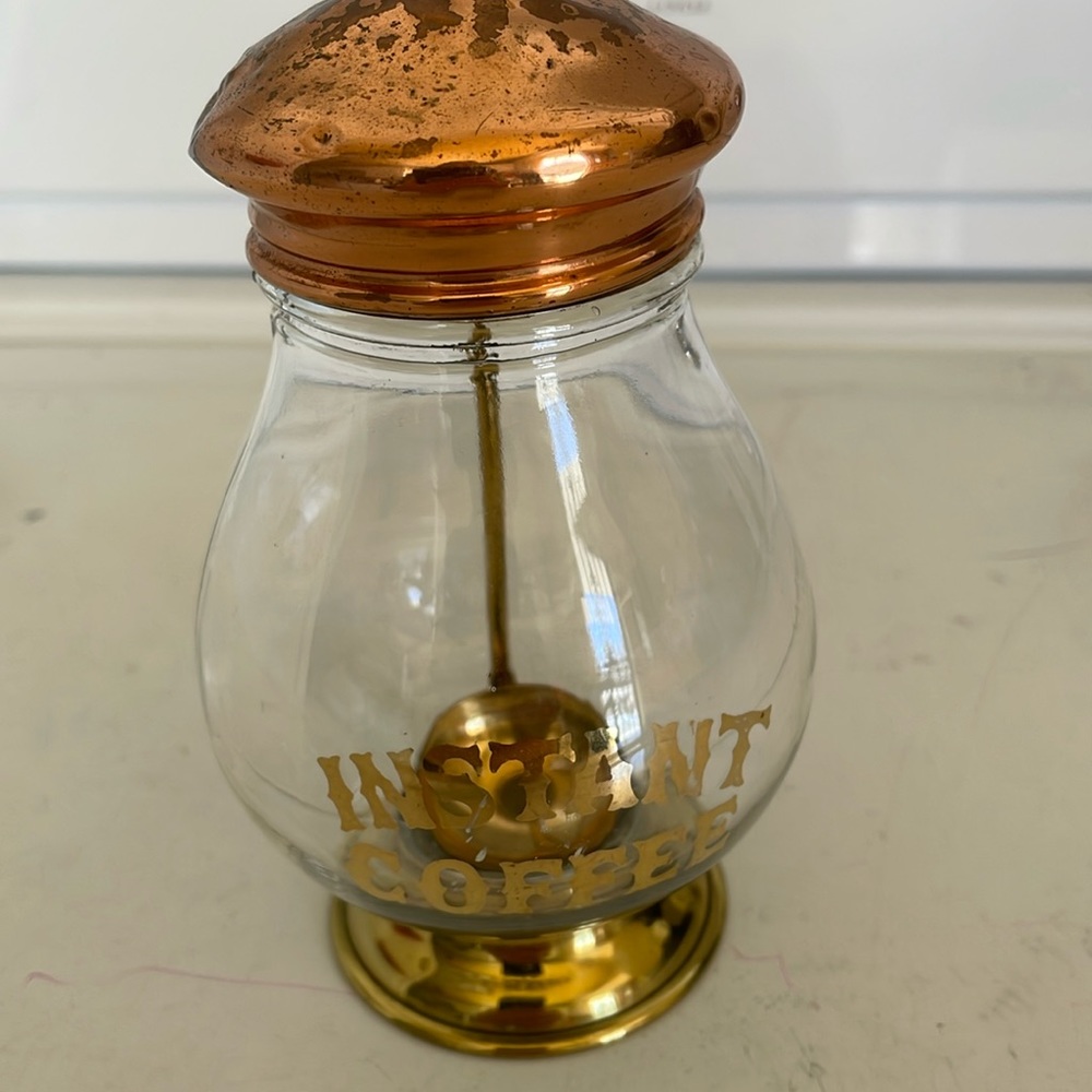 Copper Colored Glass Instant Coffee With Spoon Vintage